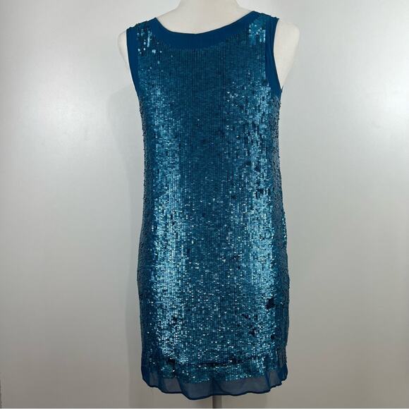 Shoshanna Womens 2 Leandra Mini Dress 100% Silk Turquoise Blue Sequin Party Sexy - Picture 10 of 11